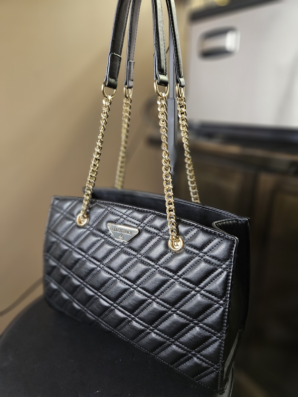 Ellen Tracy Black Quilted Leather Shoulder Bag with Gold Chain Straps